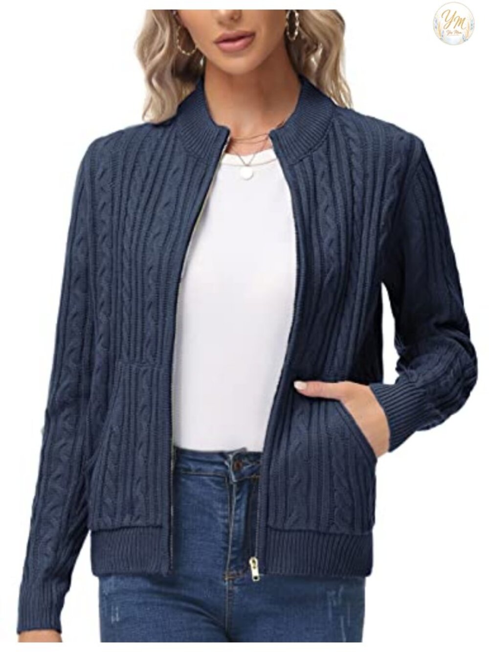 Cable Knit Cardigan with Pockets Women Zip Up Teacher Sweater